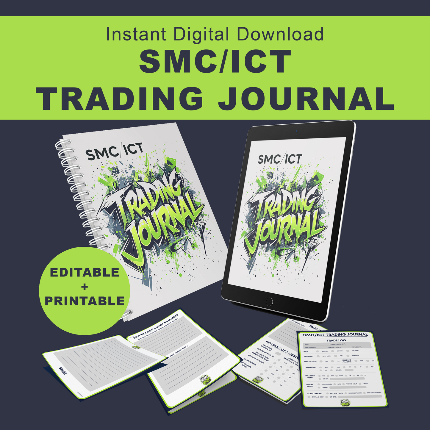 SMC/ICT Trading Journal digital download with tablet, notebook, and printed sheets on a dark background.