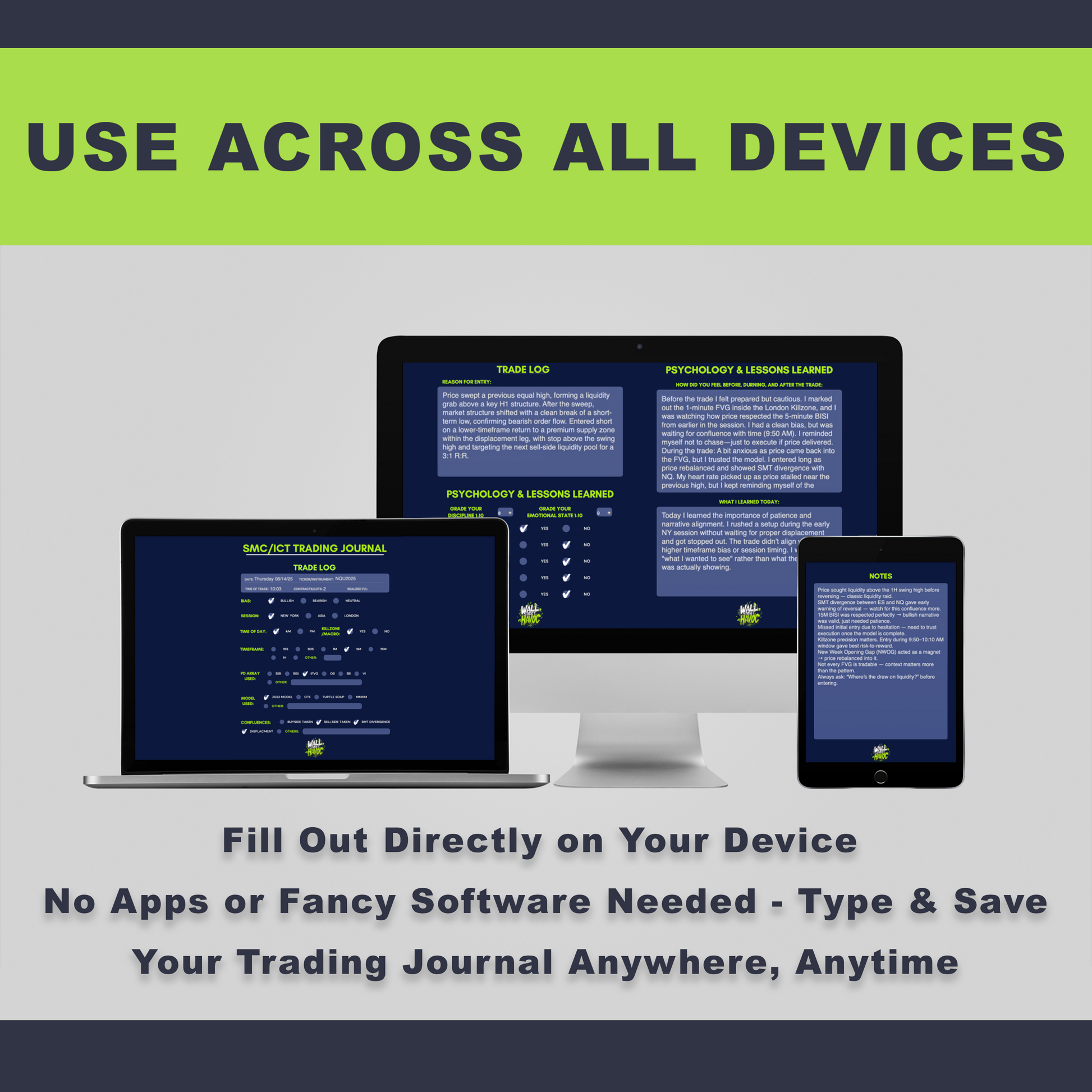 Promotional graphic for a trading journal software with devices on a gray background