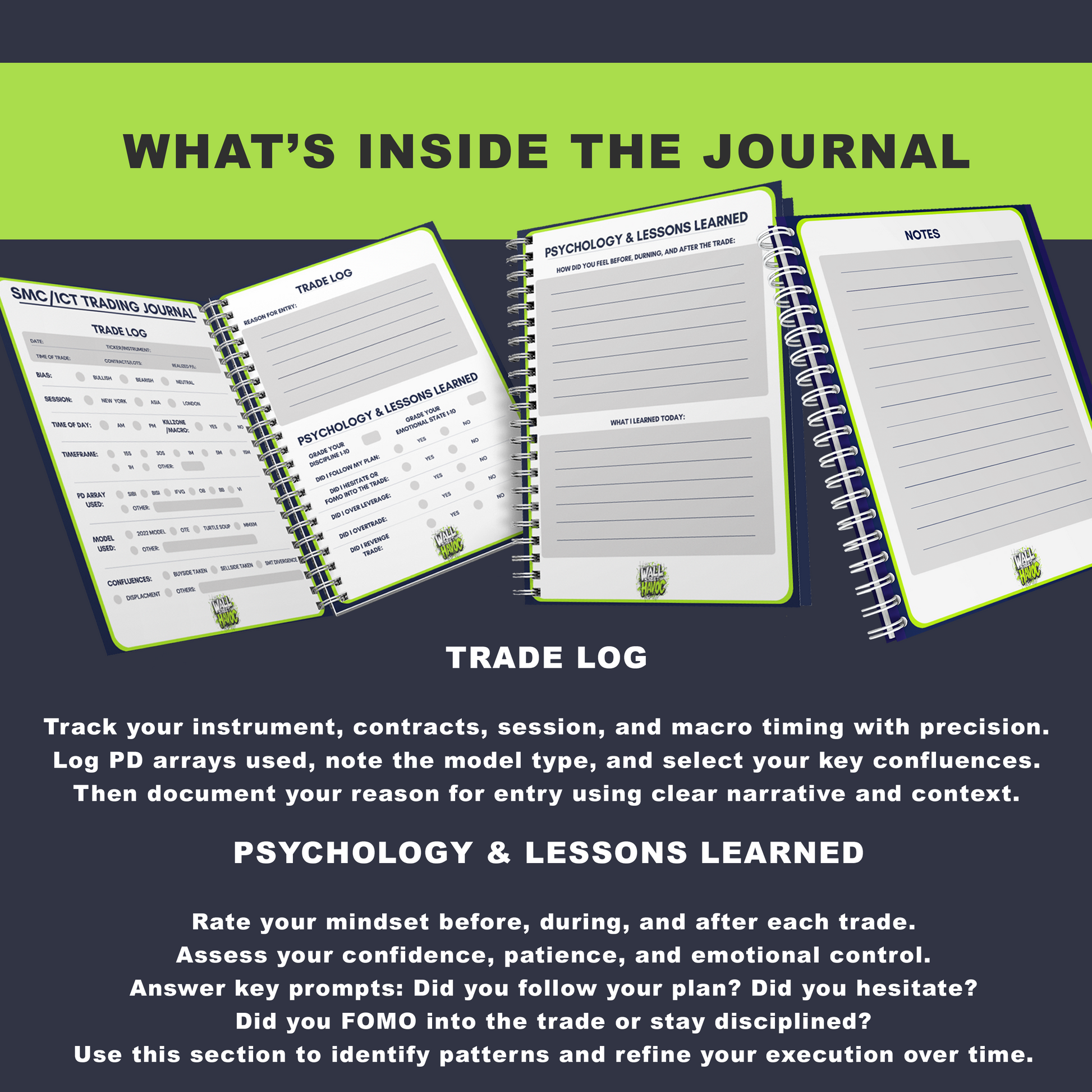 Open journal with sections for trade log and psychology lessons learned on a green and blue gradient background.