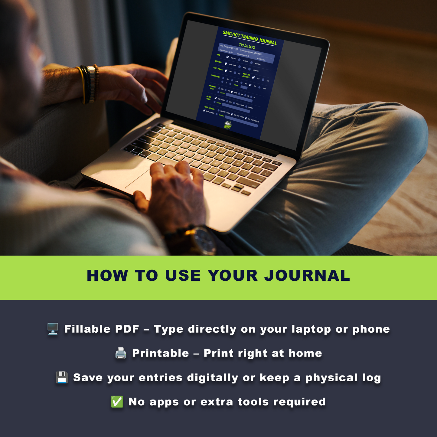 Person using a laptop with a day trading journal app on the screen, sitting on a couch.