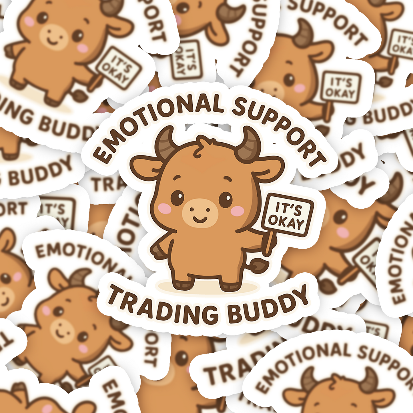Stickers with cartoon bull characters and text like 'Emotional Support Trading Buddy' on a white background.