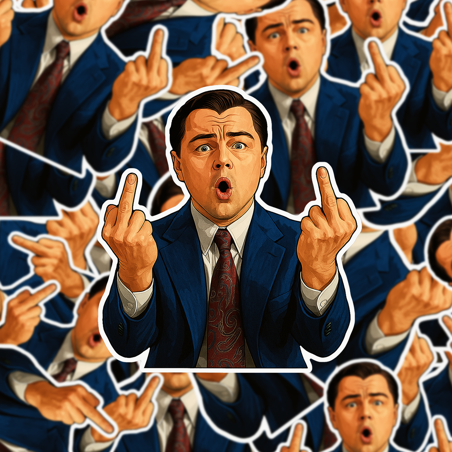 Leonardo DiCaprio from Wolf of Wall Street in a suit with middle fingers raised on a patterned background