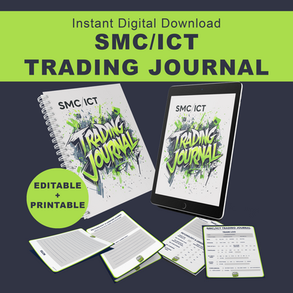 SMC/ICT Trading Journal digital download with tablet, notebook, and printed sheets on a dark background.