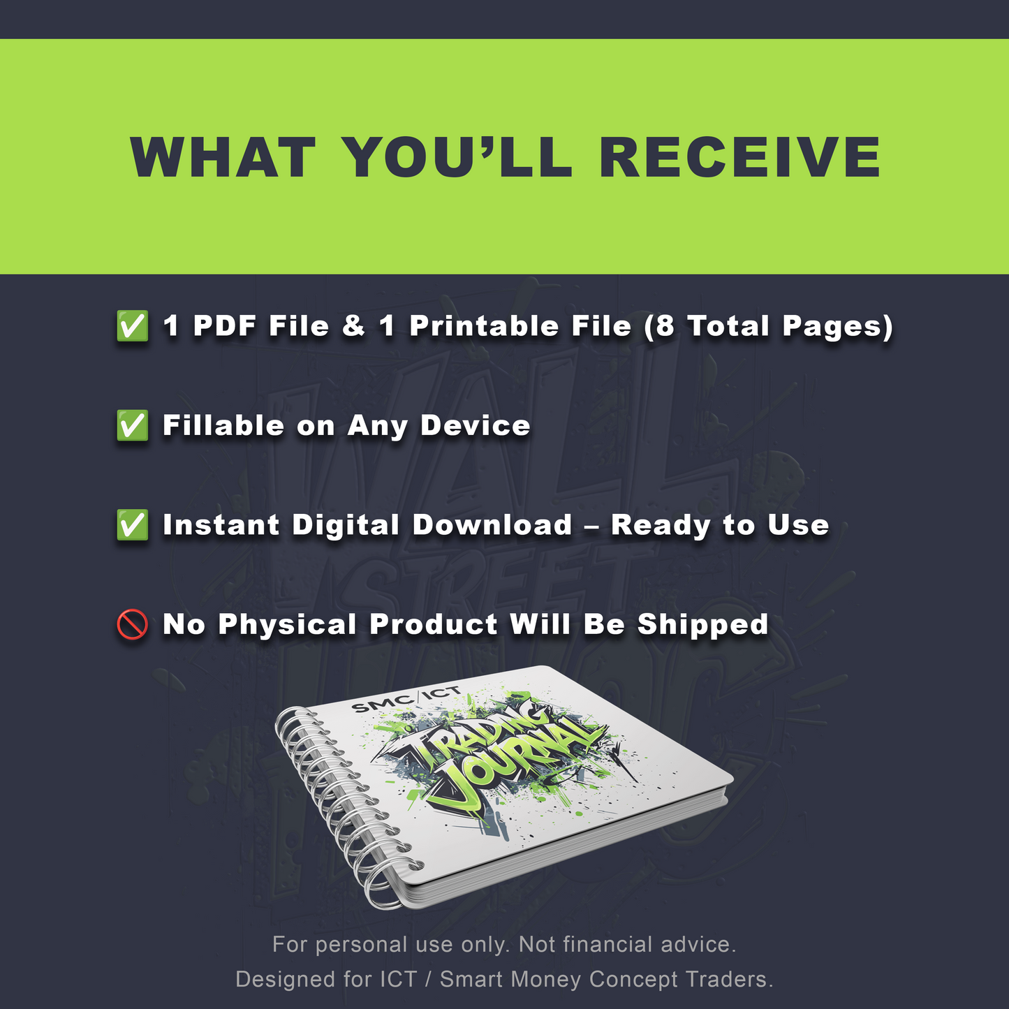 Wall Street Havoc promotional graphic for digital product with a day trading journal and text on a green and dark blue background.