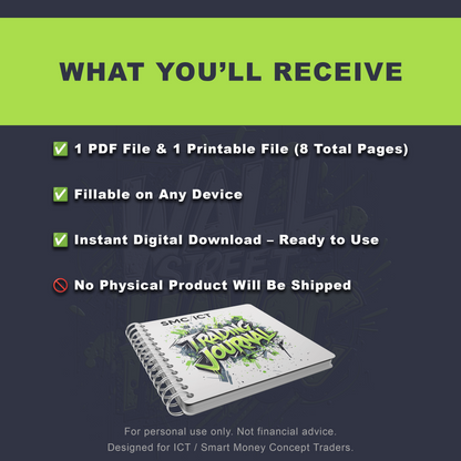 Wall Street Havoc promotional graphic for digital product with a day trading journal and text on a green and dark blue background.