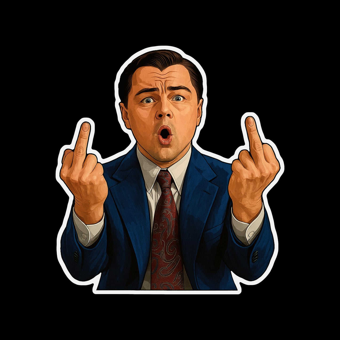 Illustration of a Jordan Belfort from the Wolf of Wall Street movie, in a suit with his middle fingers upwards.
